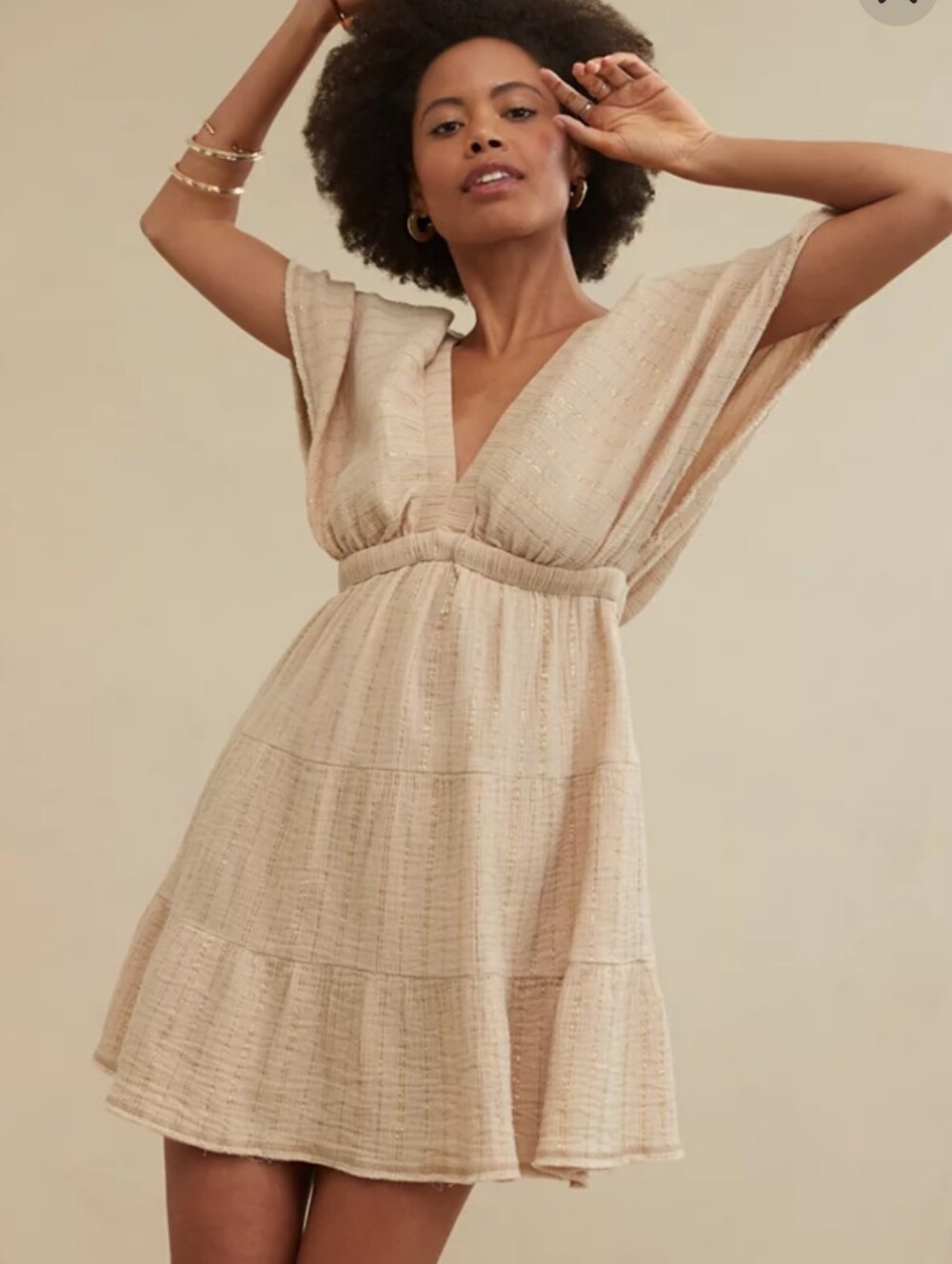 Aerie Gauze Dress Tan With Gold Accent. Size Large